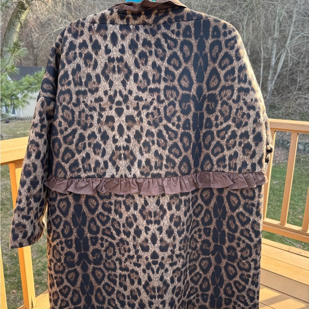 RuXuan Woman’s XL Helen Heart Leopard Print Swing Coat Ruffle Trim 3/4 Quarter - Picture 10 of 14
